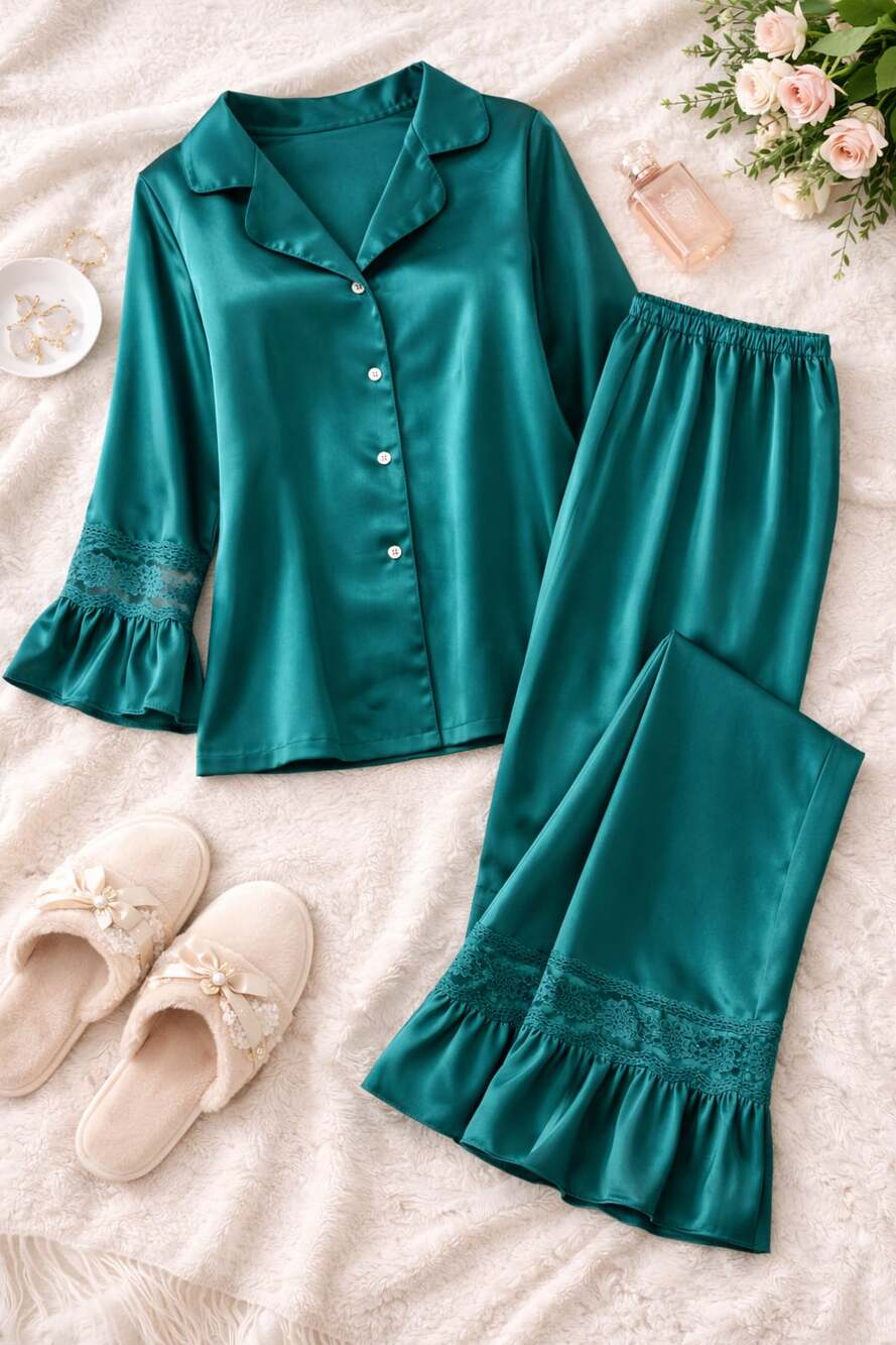 Women's Teal Satin Pajama Set with Lace Paneling and Ruffle Hem